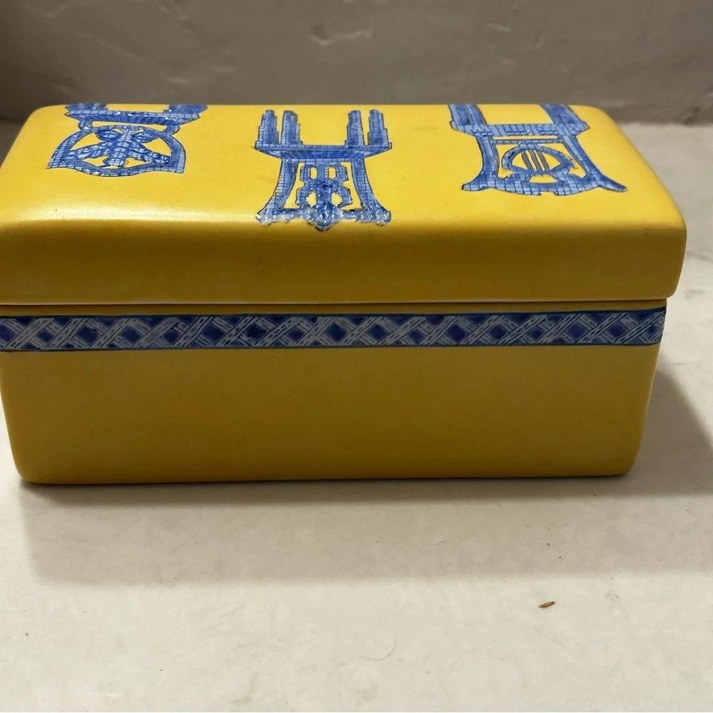 Mid Century Modern Handpainted Ceramic Yellow Trinket Box Blue Chairs